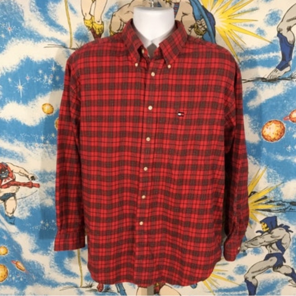 vintage Tommy Hilfiger FLANNEL plaid shirt L flag tag button up down lumberjack